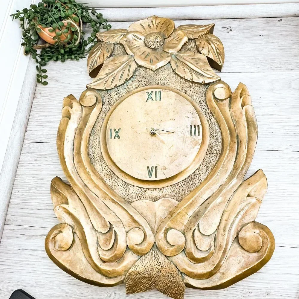 Large Gold Hand-Carved Wooden Floral Clock: Antique Wood Decor‎